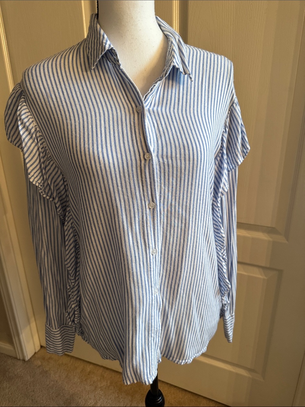 Blue and White Striped Collared Blouse - Size Medium